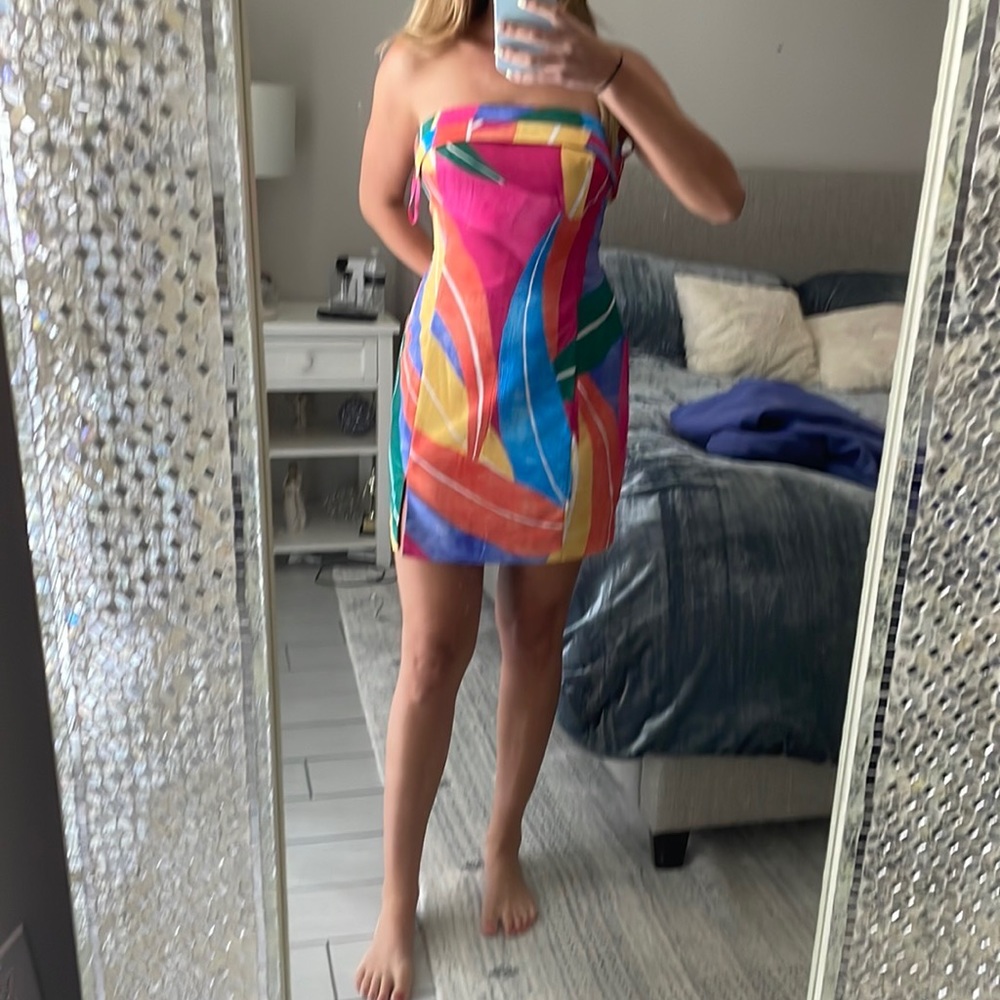 Colorful mini strapless dress by Runaway The Label.
